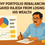 Indian man reviewing investments with equity, debt, and gold chart – portfolio rebalancing in India.