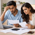 Corporate professionals with a good salary reviewing finances and feeling financially confused