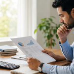 Professional reviewing retirement planning documents and financial reports at a desk to assess long-term retirement readiness.
