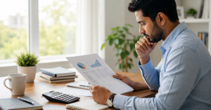 Professional reviewing retirement planning documents and financial reports at a desk to assess long-term retirement readiness.