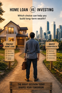 A professional standing at a crossroads between home loan prepayment and investing, symbolizing the financial decision of choosing between reducing debt and building long-term wealth.